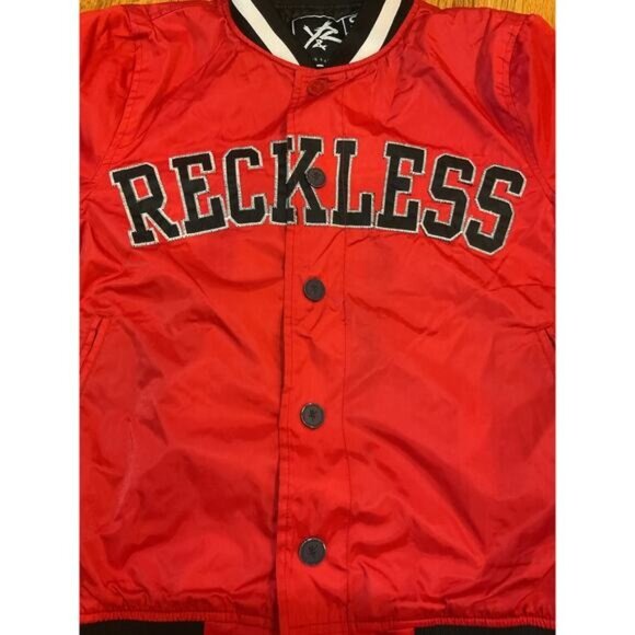 Young & Reckless Red Bomber Jacket Size S Snap-Button Closure Black & White Stri - Picture 11 of 11